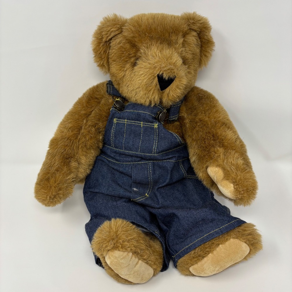 Vermont Teddy Bear Plush Brown 15 inch with Denim Overalls Outfitted Stuffed Toy